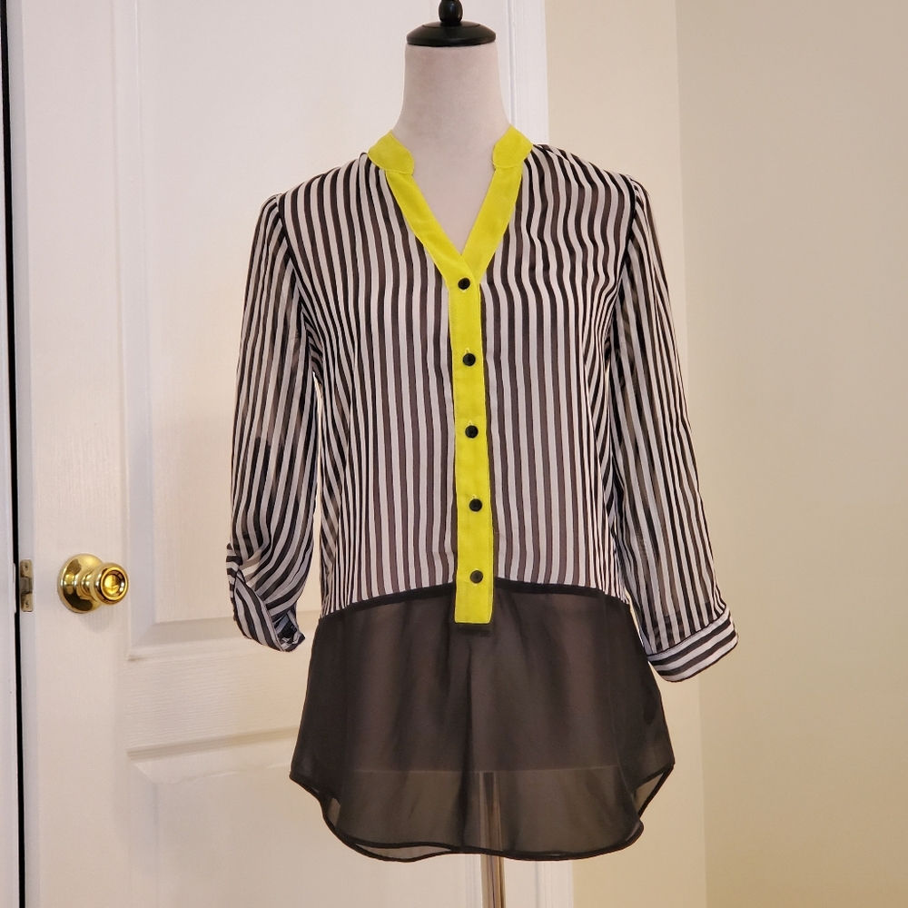 BCX Sheer Top, Size S, Long Sleeves, Striped Black&White with Yellow Detail.